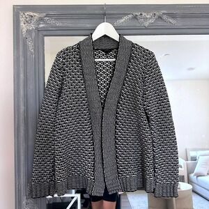 Talbots Wool Blend Textured Open‎ Front Cardigan Sweater in Black White Medium